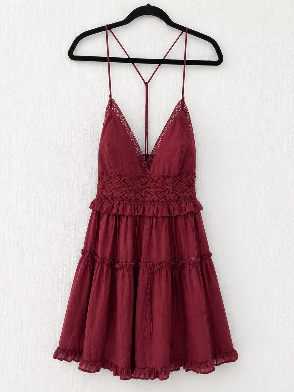 NWT Hello Molly Burgundy Crochet Lace Tiered Mini Dress Size L US 8 Boho